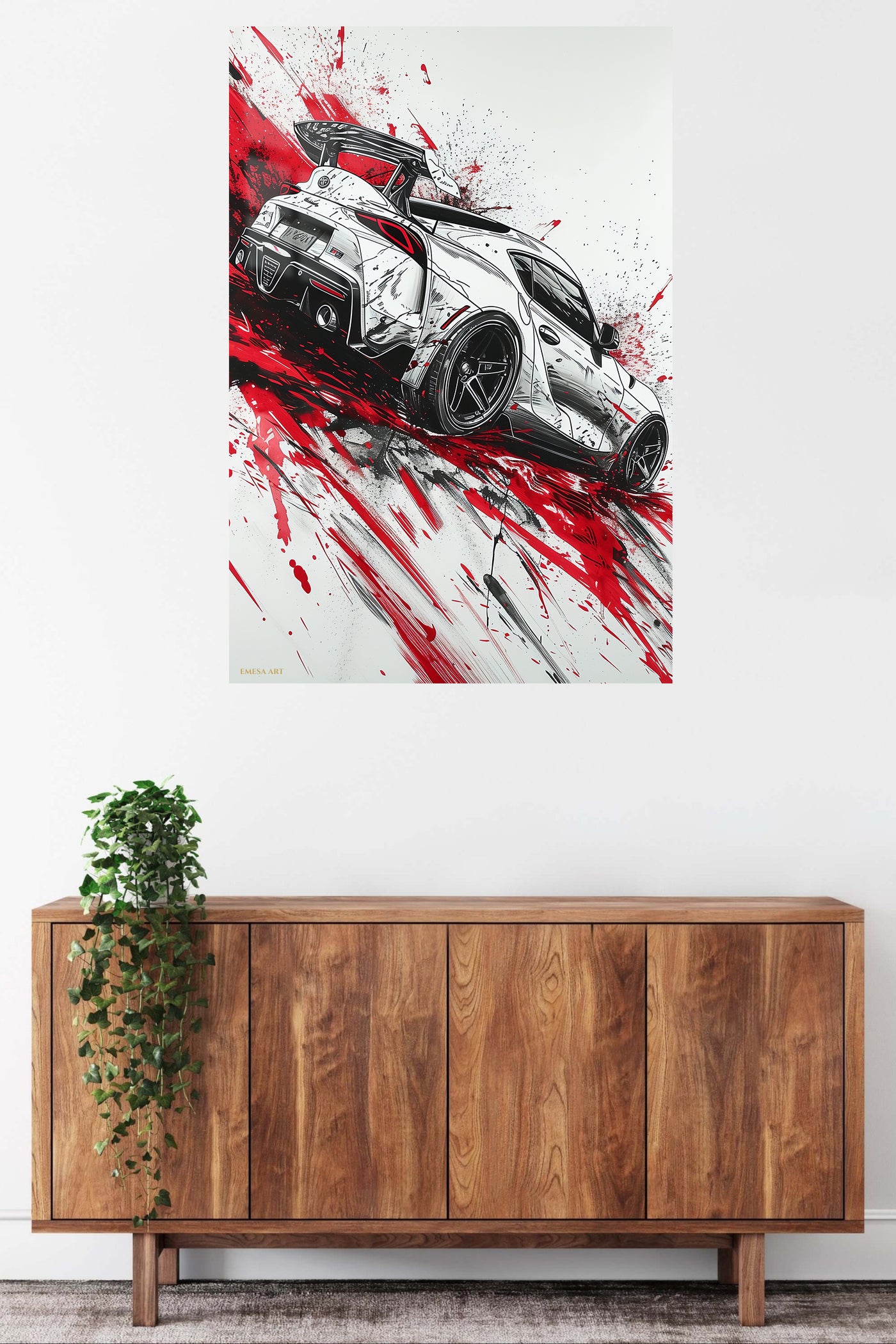 White Sports Car Red Splash wall art