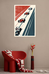 Open-Wheel Racing Grid metal wall art displayed in a contemporary living space