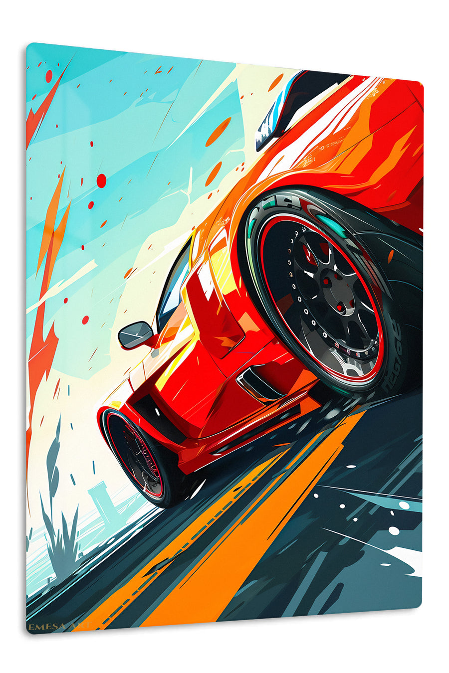 Red Sports Car Rush premium metal wall art Ã¢â‚¬â€œ front view