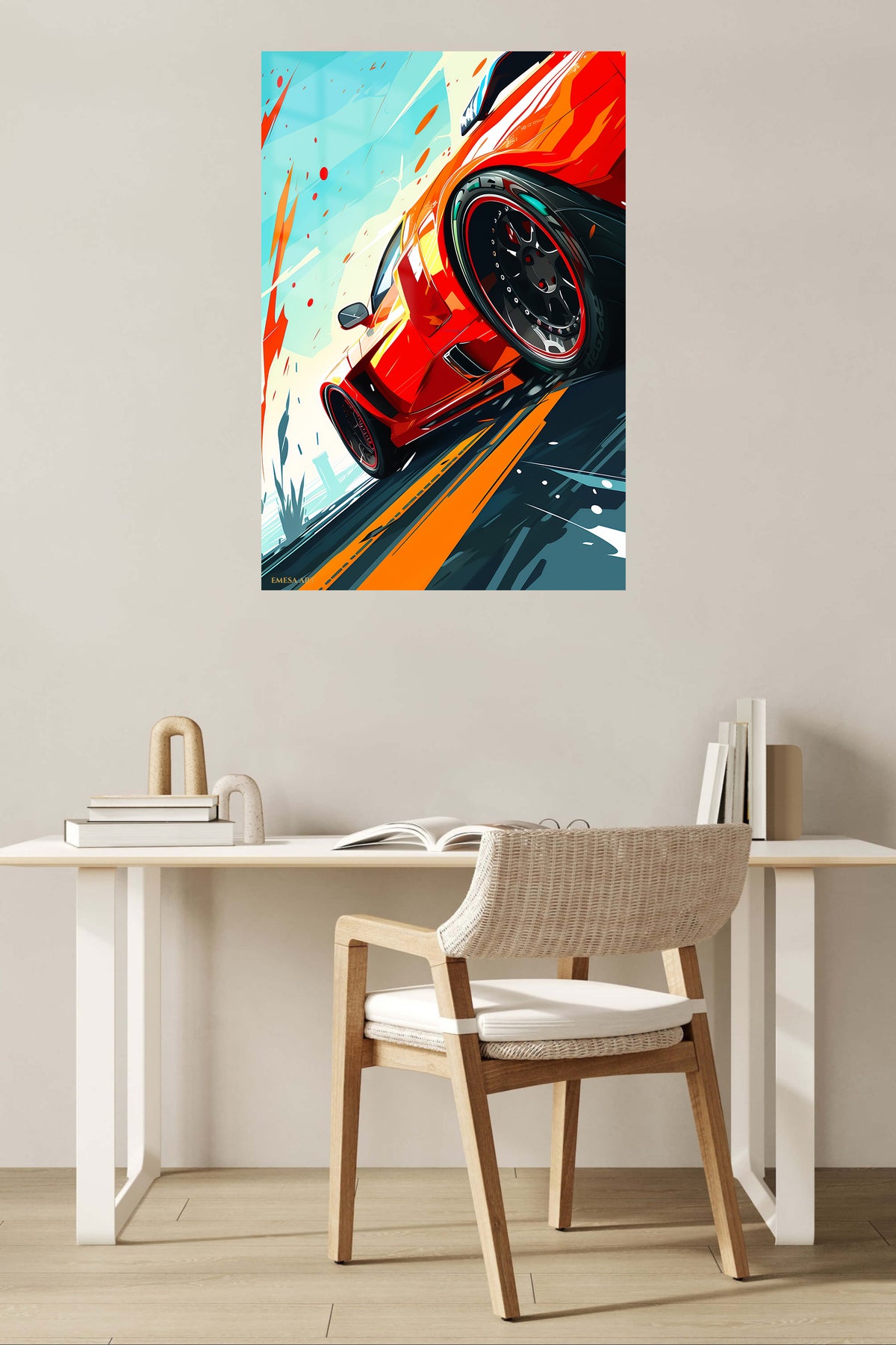 Red Sports Car Rush metal wall art displayed in a contemporary living space
