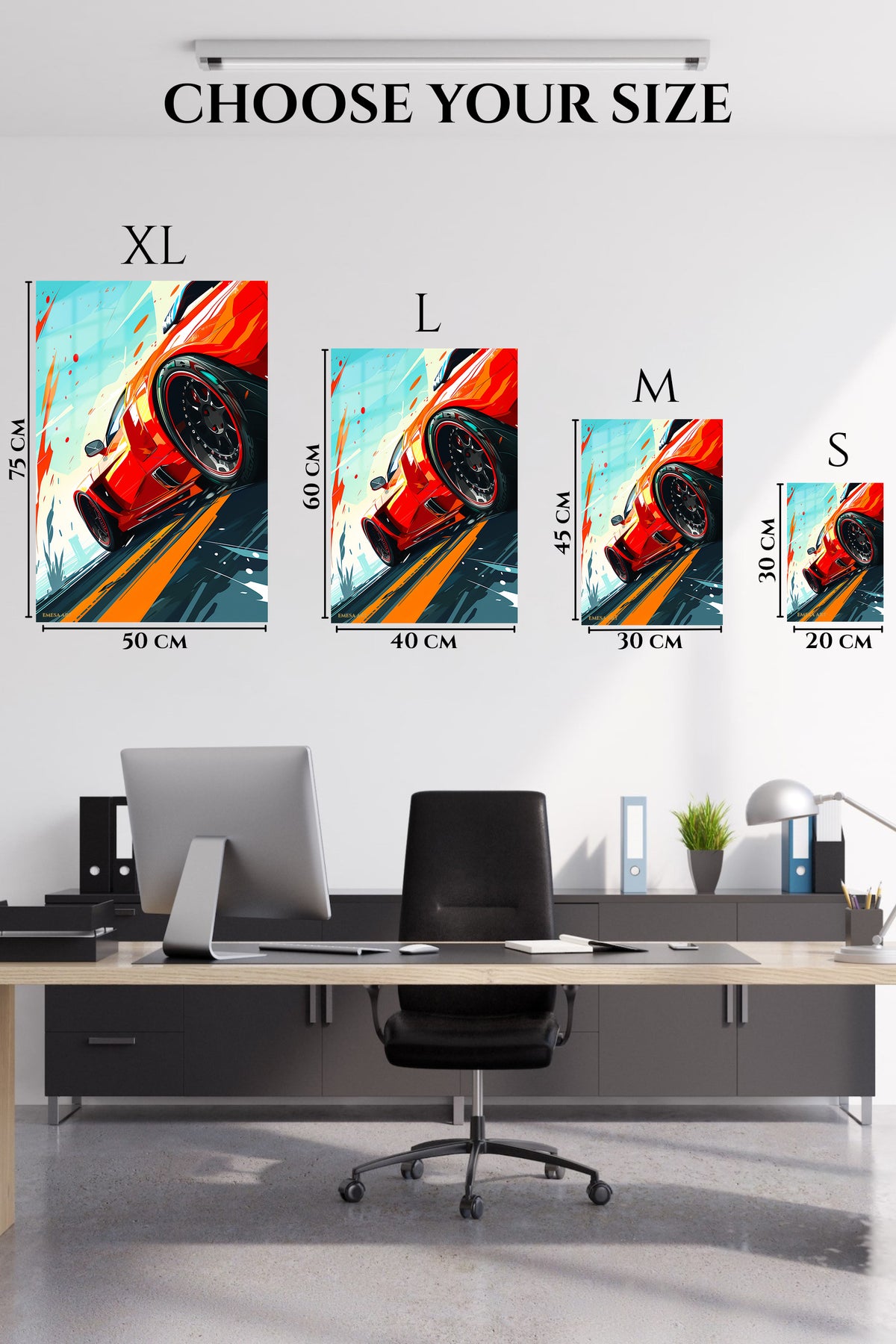 EMESA metal wall art size comparison guide for Red Sports Car Rush