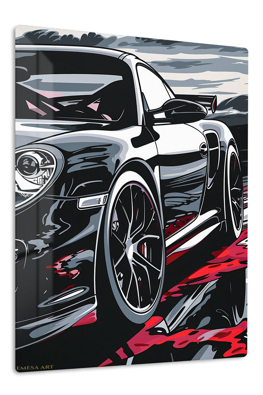 Black Sports Car in Crimson Reflections premium metal wall art Ã¢â‚¬â€œ front view