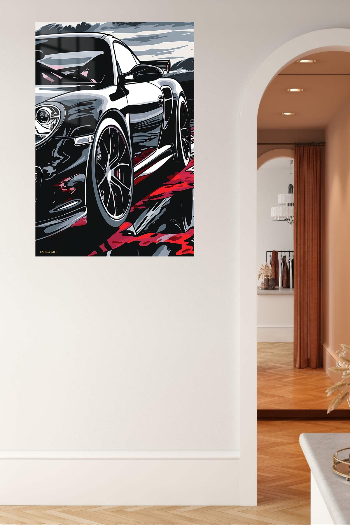 Black Sports Car in Crimson Reflections metal wall art displayed in a contemporary living space