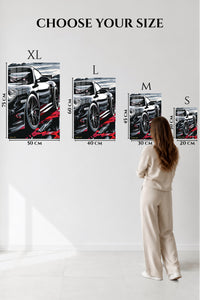 EMESA metal wall art size comparison guide for Black Sports Car in Crimson Reflections