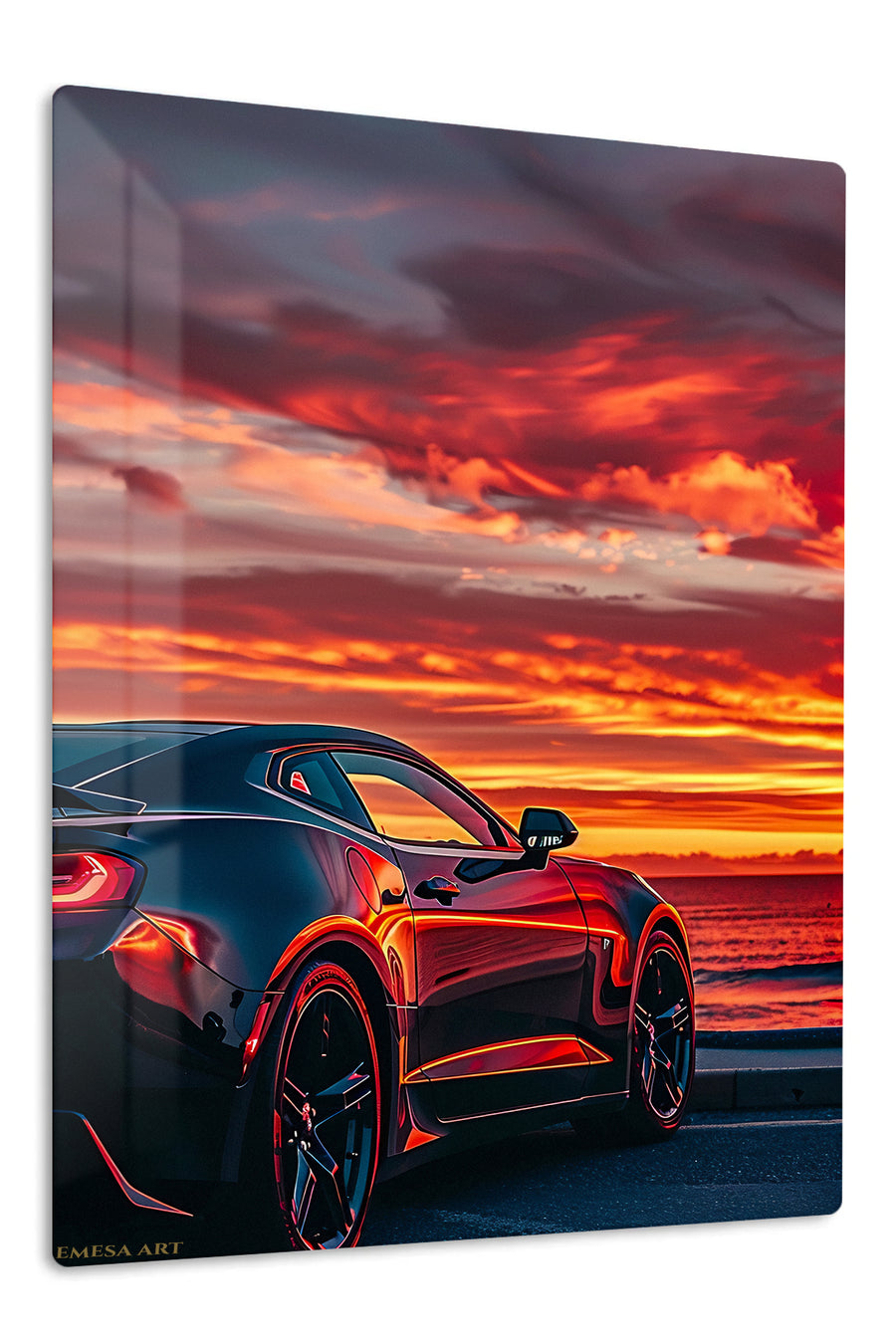 Midnight Sports Coupe at Sunset premium metal wall art Ã¢â‚¬â€œ front view