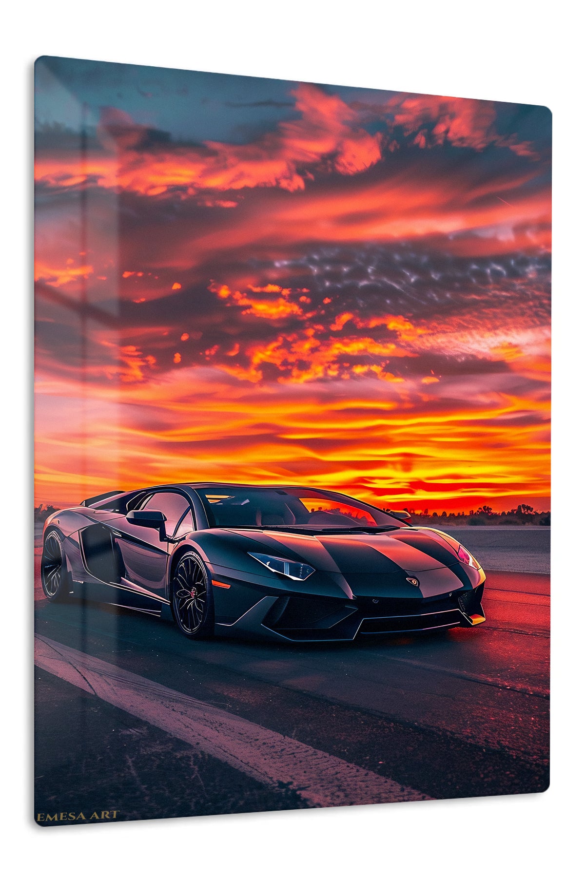 Midnight Supercar at Fiery Sunset premium metal wall art Ã¢â‚¬â€œ front view