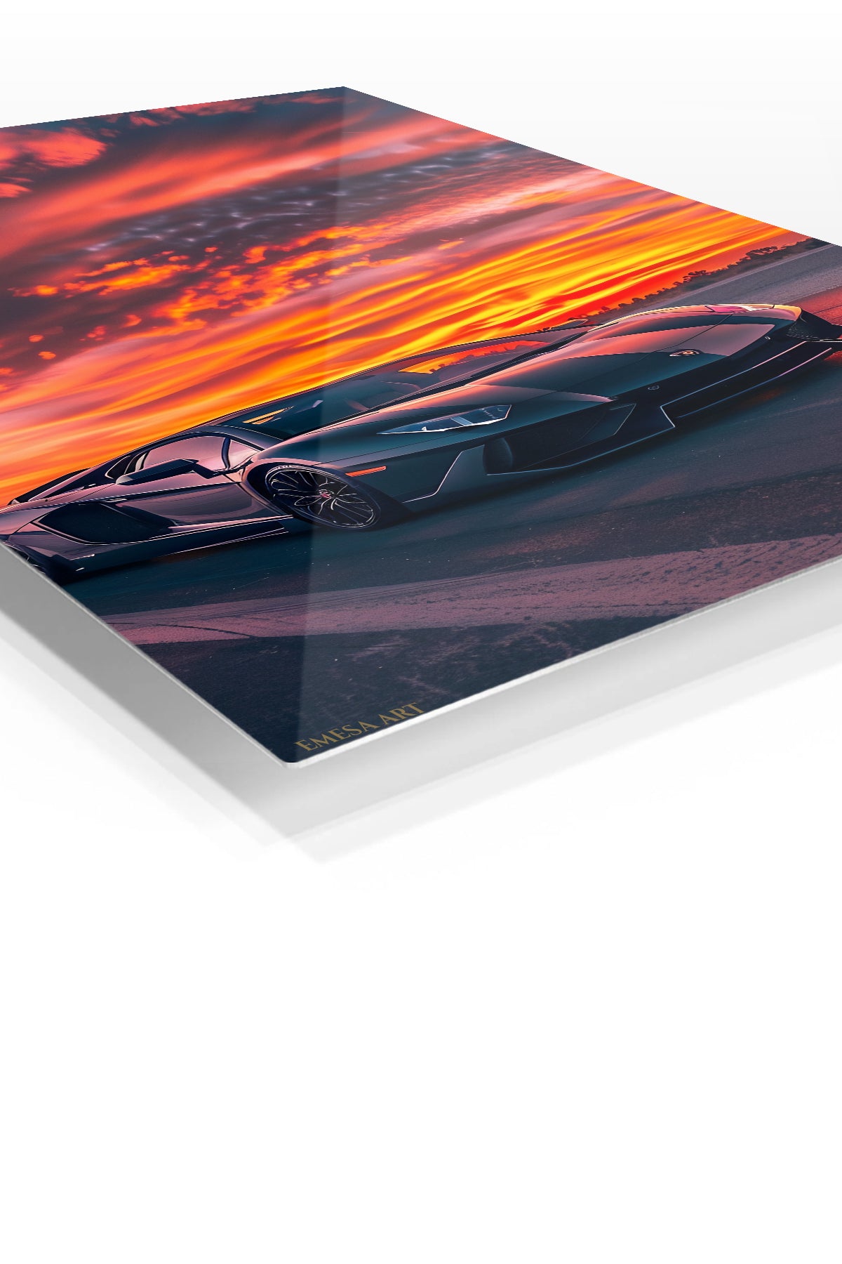 Midnight Supercar at Fiery Sunset premium metal wall art Ã¢â‚¬â€œ angled view