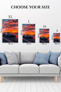 EMESA metal wall art size comparison guide for Midnight Supercar at Fiery Sunset