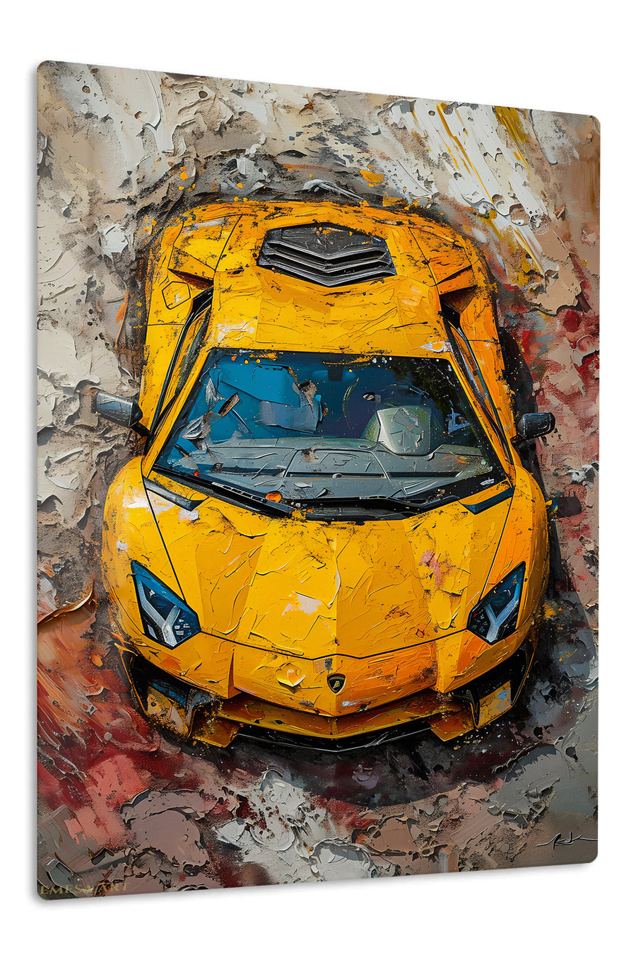 Yellow Supercar Paint Burst premium metal wall art Ã¢â‚¬â€œ front view
