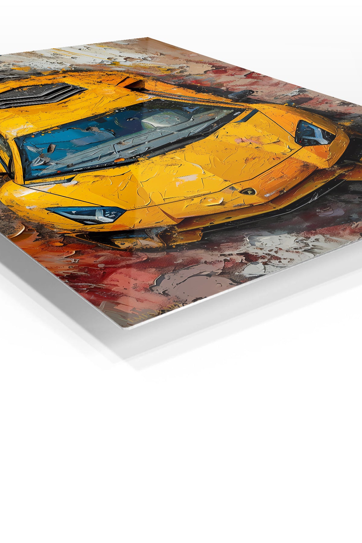 Yellow Supercar Paint Burst premium metal wall art Ã¢â‚¬â€œ angled view