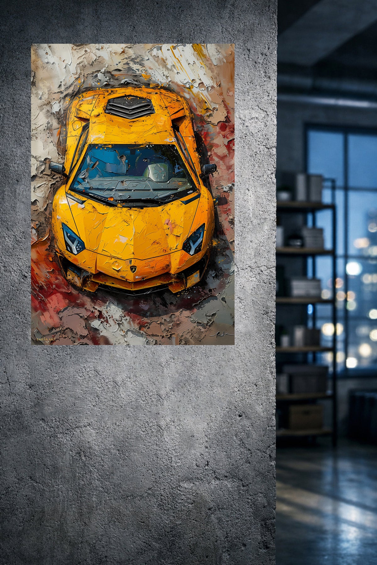 Yellow Supercar Paint Burst metal wall art displayed in a modern interior