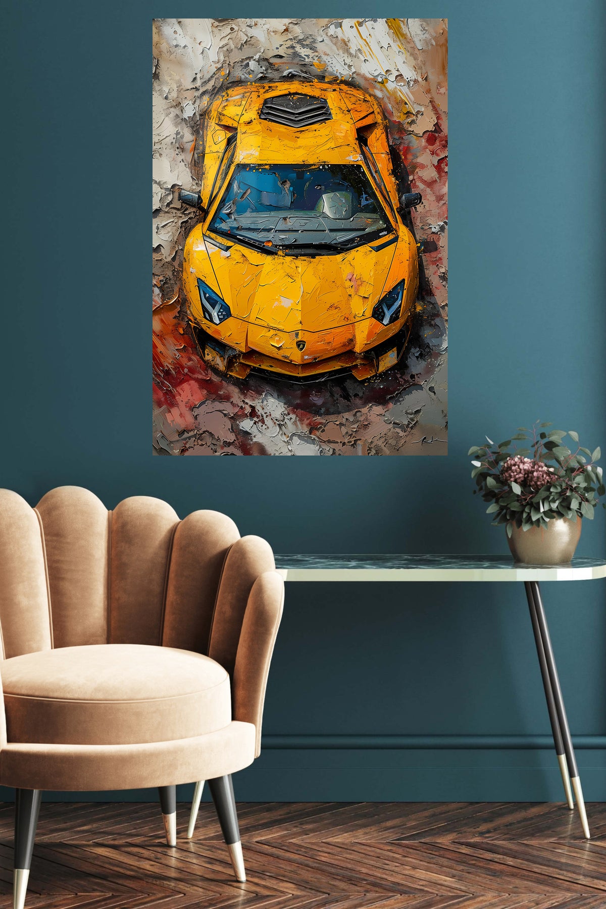 Yellow Supercar Paint Burst metal wall art displayed in a contemporary living space