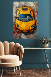 Yellow Supercar Paint Burst metal wall art displayed in a contemporary living space
