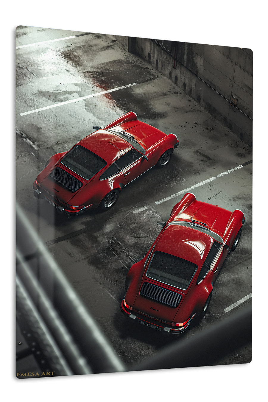 Red Sports Cars in a Rainy Garage premium metal wall art Ã¢â‚¬â€œ front view