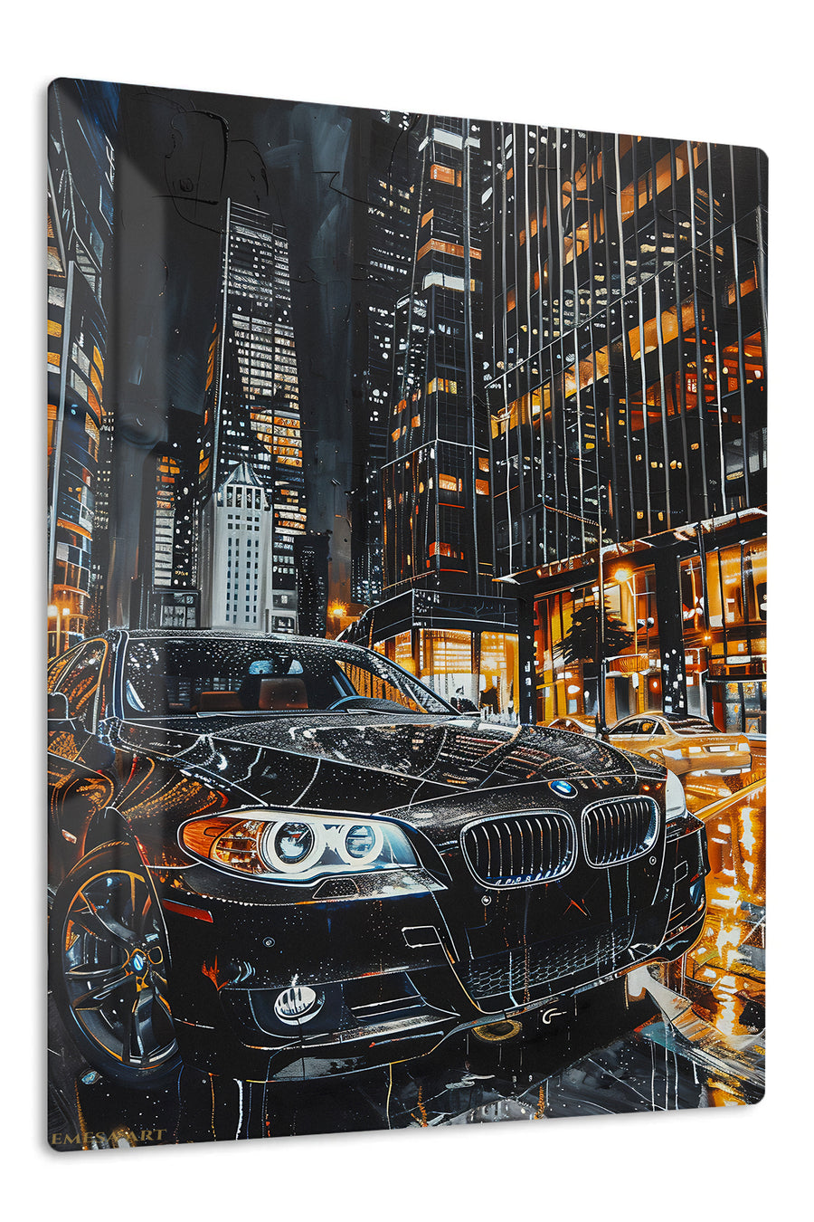 Rainy City Luxury Sedan premium metal wall art Ã¢â‚¬â€œ front view