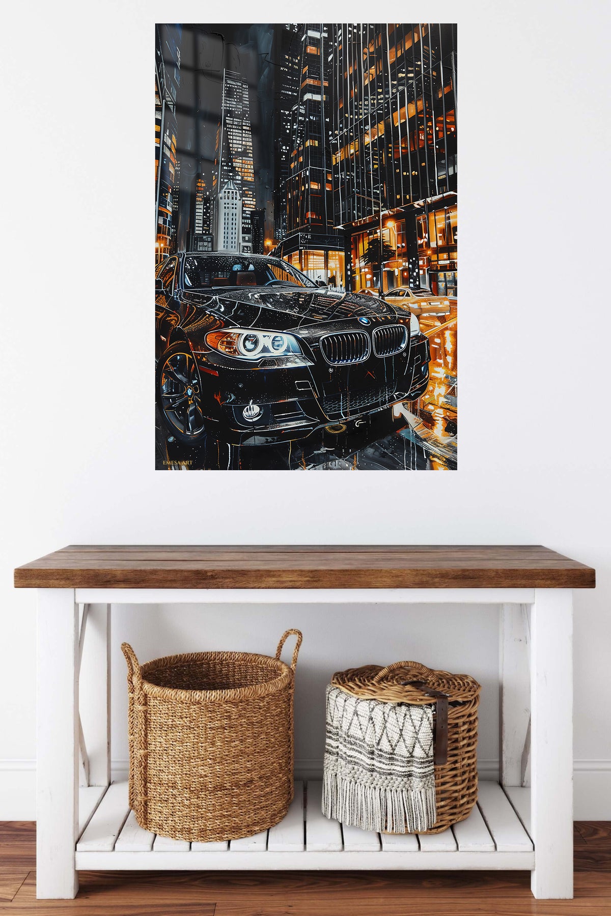 Rainy City Luxury Sedan metal wall art displayed in a contemporary living space