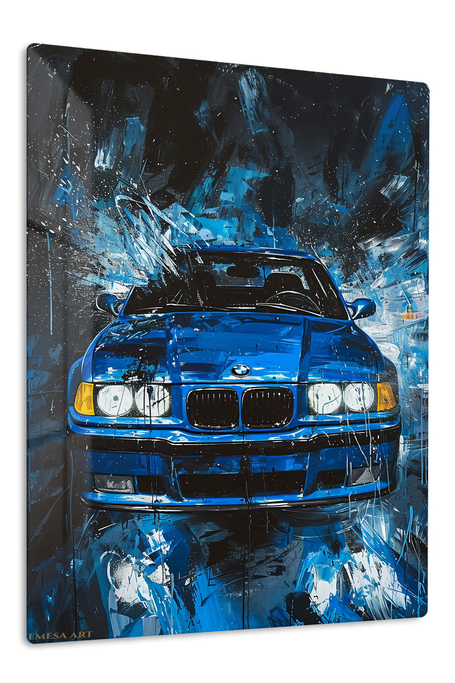 Blue Sedan in Abstract City premium metal wall art Ã¢â‚¬â€œ front view