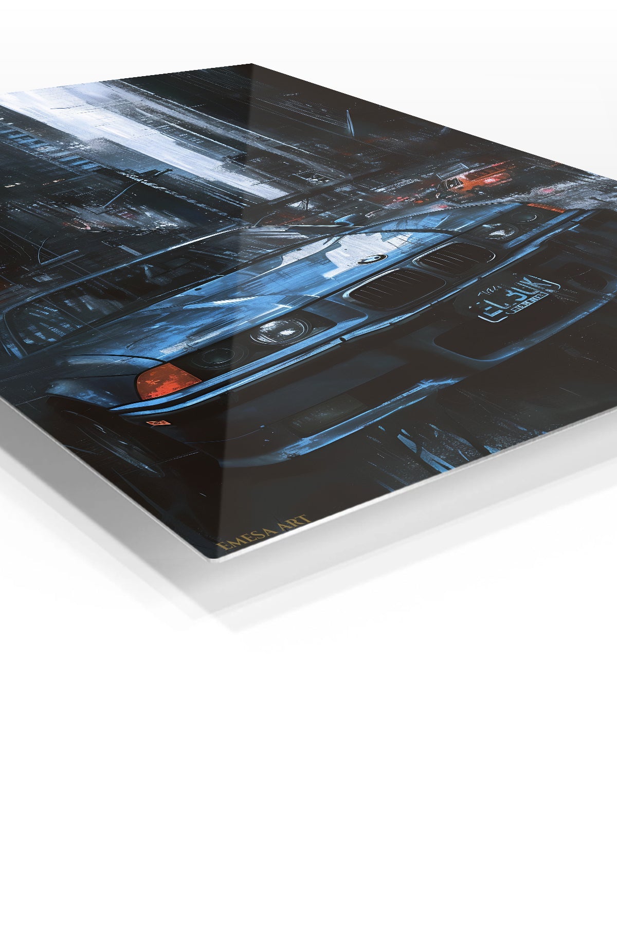 Midnight City Sports Sedan premium metal wall art Ã¢â‚¬â€œ angled view
