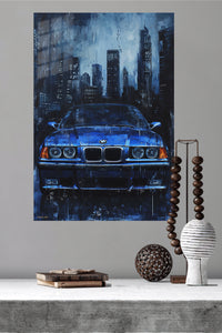 Midnight Blue City Cruiser metal wall art displayed in a modern interior