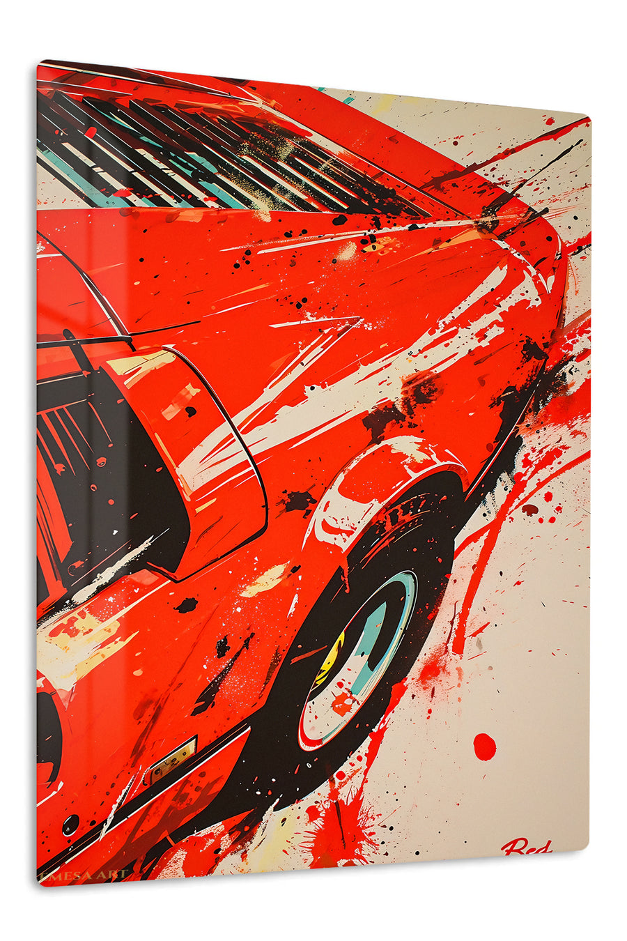 Red Sports Car Splash premium metal wall art Ã¢â‚¬â€œ front view