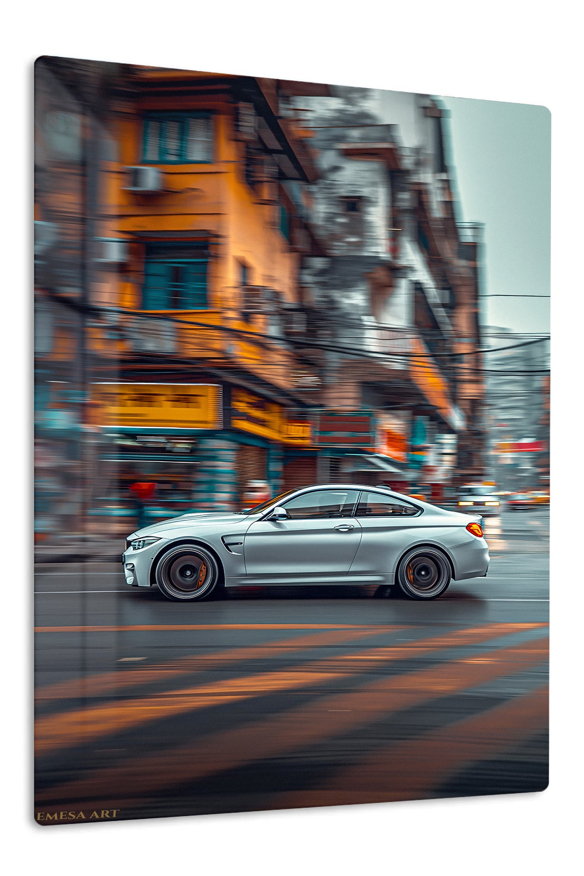 Silver Coupe Through the City premium metal wall art Ã¢â‚¬â€œ front view