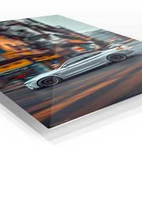 Silver Coupe Through the City premium metal wall art Ã¢â‚¬â€œ angled view