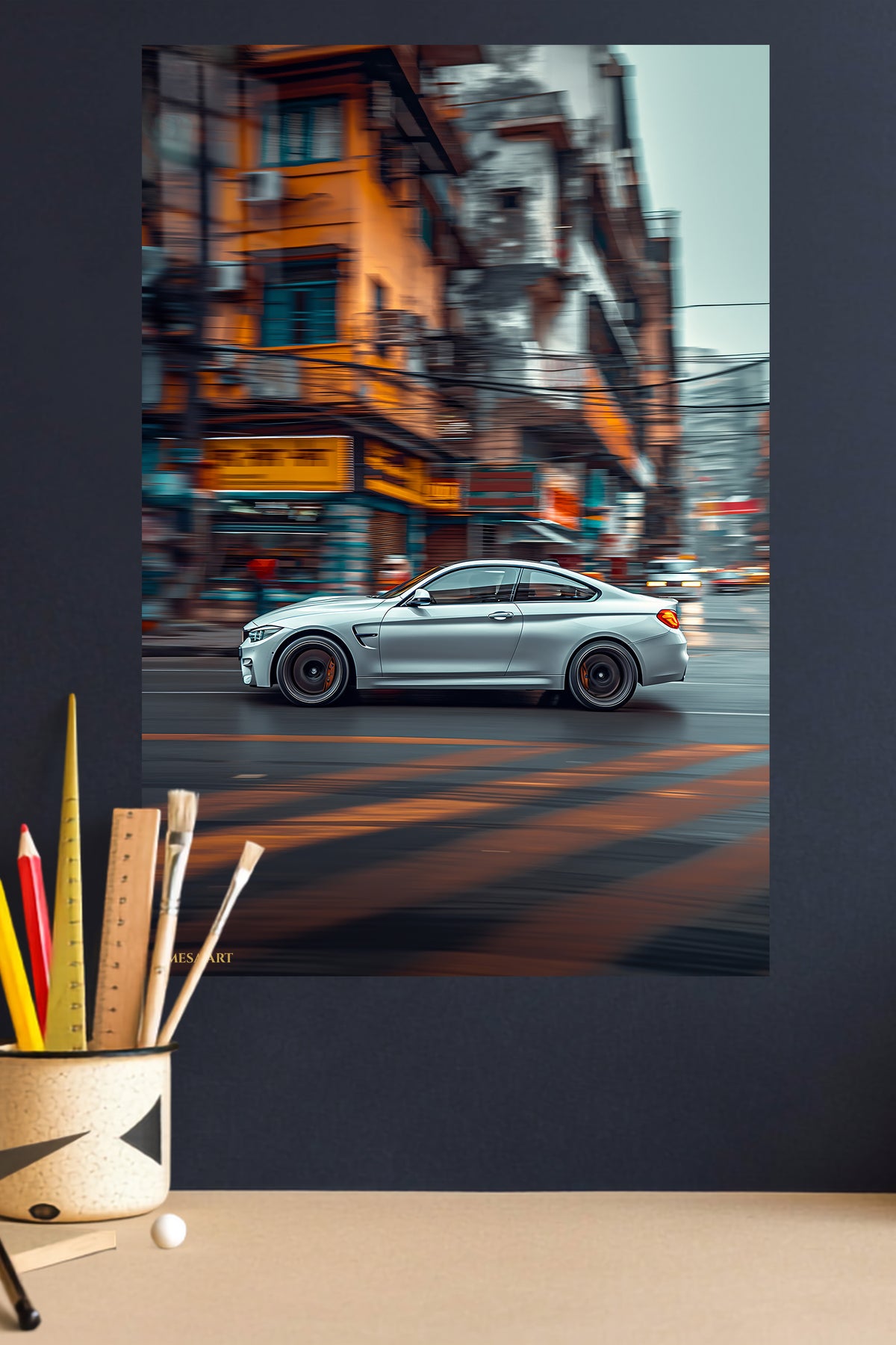 Silver Coupe Through the City metal wall art displayed in a modern interior