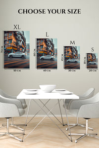 EMESA metal wall art size comparison guide for Silver Coupe Through the City