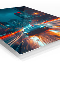 Neon City Sports Car Rush premium metal wall art Ã¢â‚¬â€œ angled view