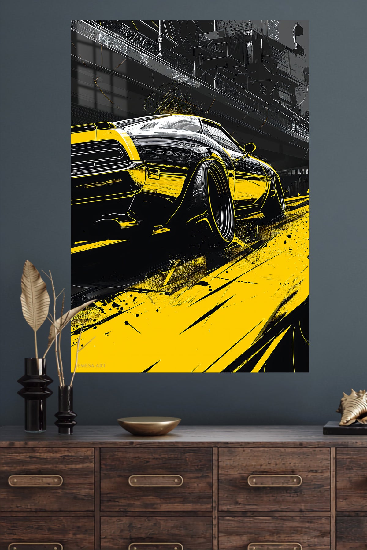 Yellow Street Racer metal wall art displayed in a modern interior
