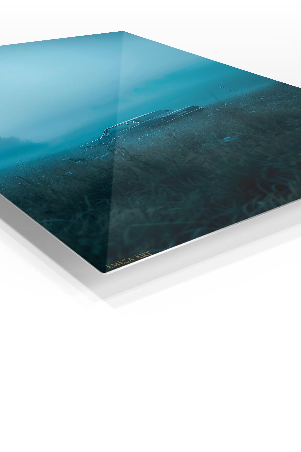 Vintage Car in Blue Mist premium metal wall art Ã¢â‚¬â€œ angled view