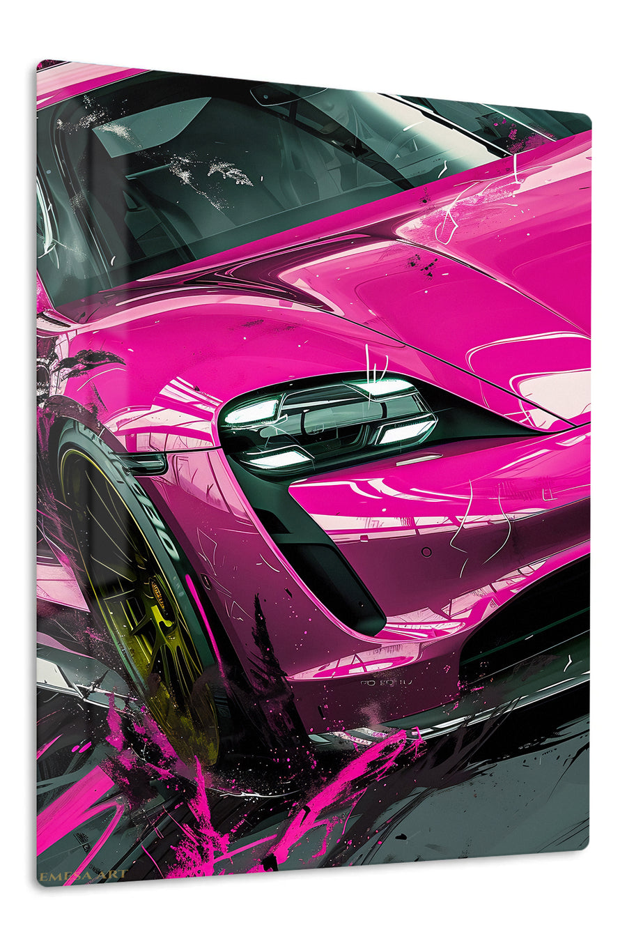 Electric Pink Sports Car premium metal wall art Ã¢â‚¬â€œ front view