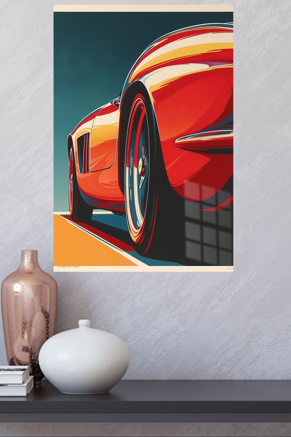 Red Sports Car Detail metal wall art displayed in a modern interior