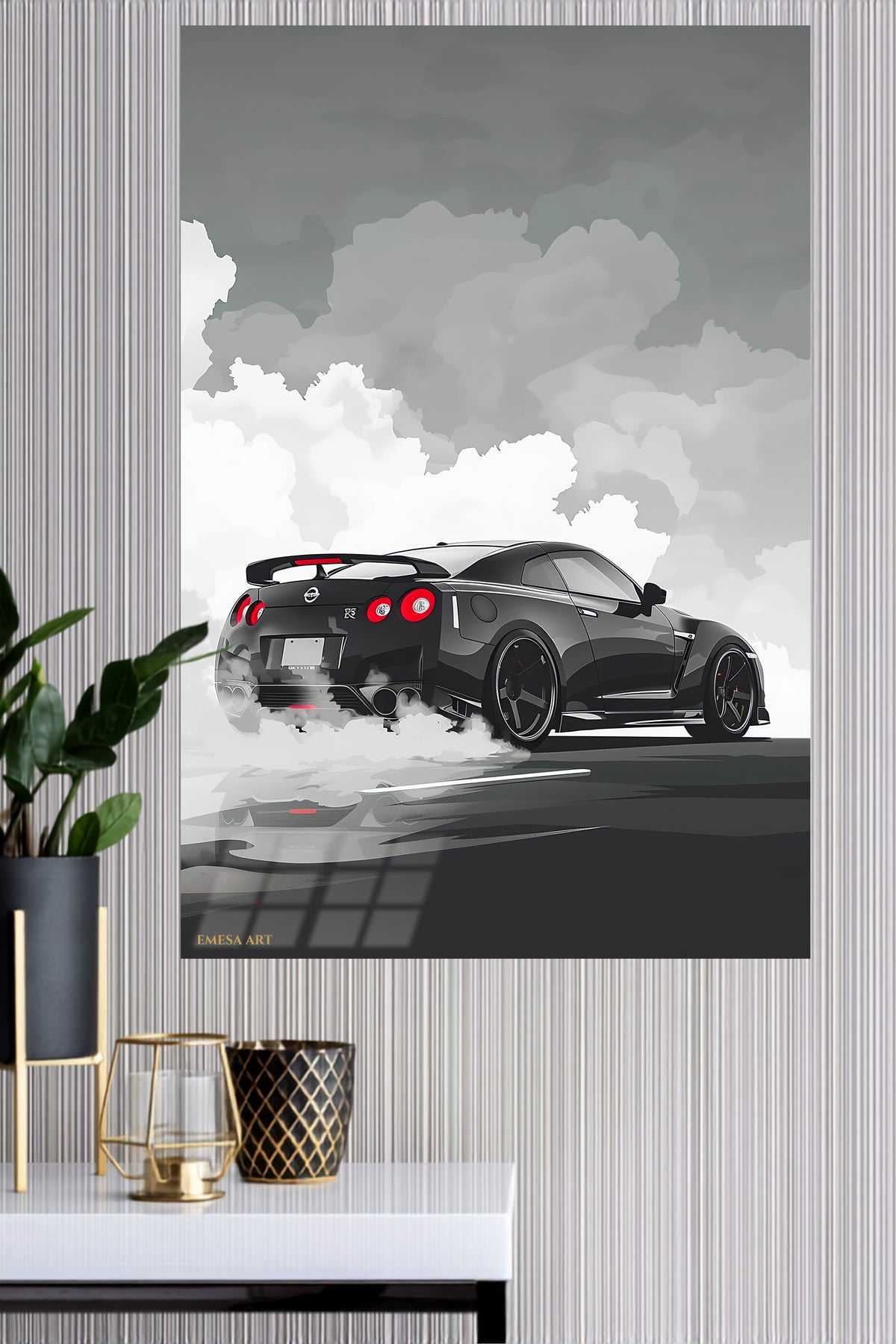 Black Performance Coupe in Smoke metal wall art displayed in a modern interior