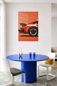 Red Sports Car Rear Detail metal wall art displayed in a contemporary living space