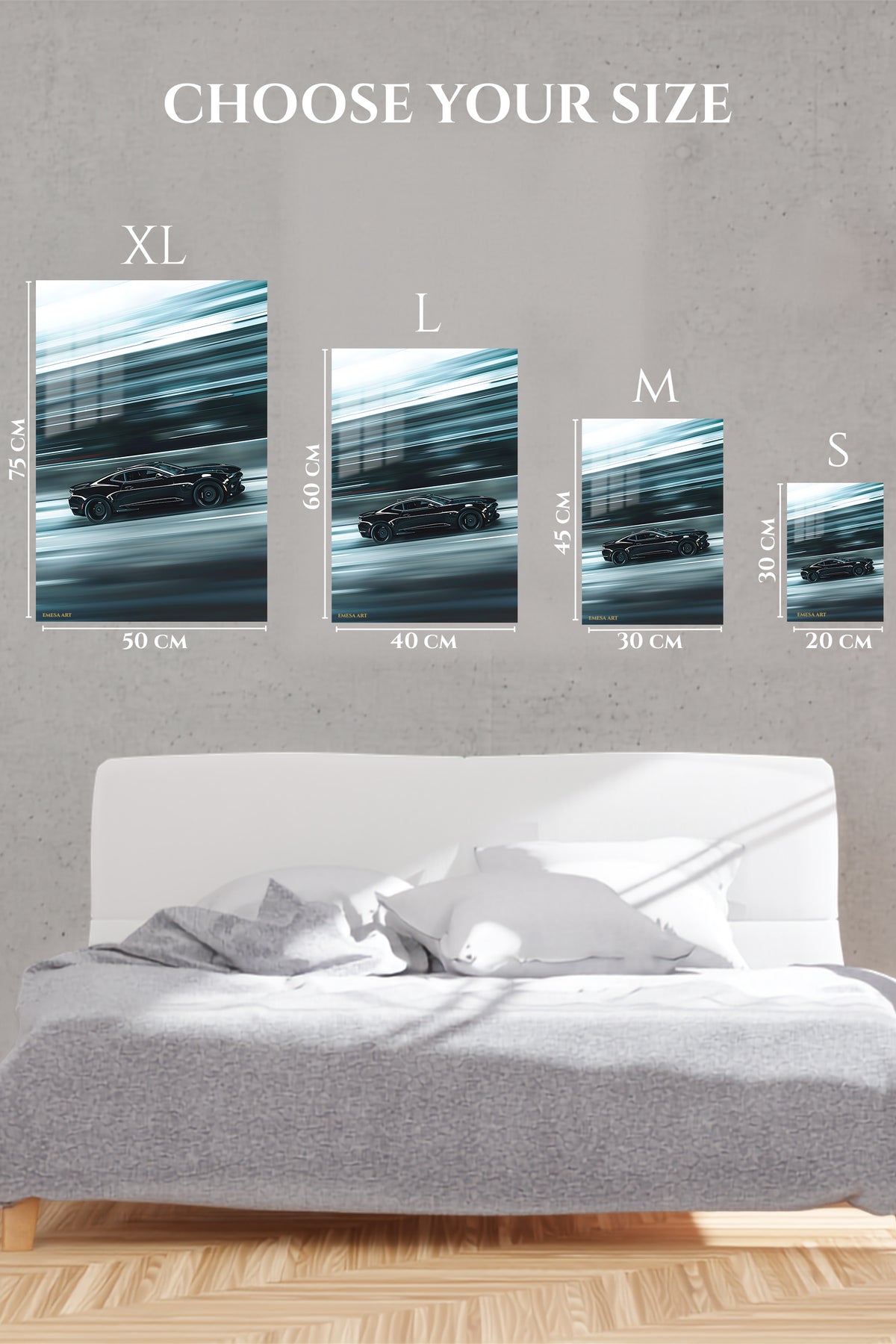 EMESA metal wall art size comparison guide for Midnight Velocity Coupe
