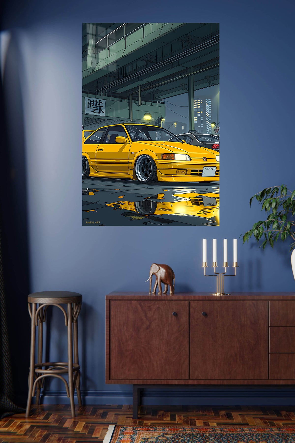 Yellow Street Coupe Under City Overpass metal wall art displayed in a modern interior
