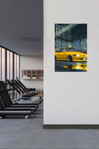 Yellow Street Coupe Under City Overpass metal wall art displayed in a contemporary living space