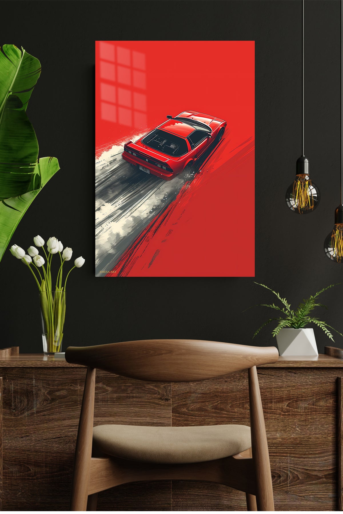 Red Sports Car on Painted Road metal wall art displayed in a modern interior