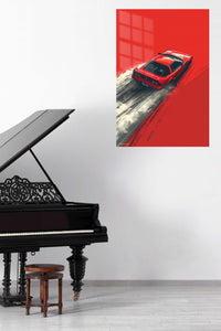 Red Sports Car on Painted Road metal wall art displayed in a contemporary living space
