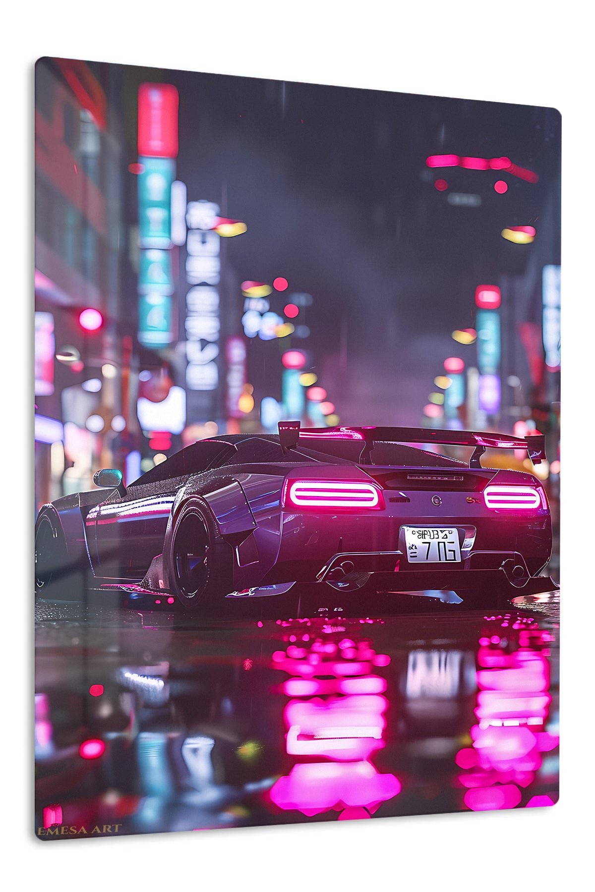 Neon Supercar After Rain premium metal wall art Ã¢â‚¬â€œ front view