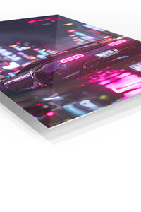 Neon Supercar After Rain premium metal wall art Ã¢â‚¬â€œ angled view