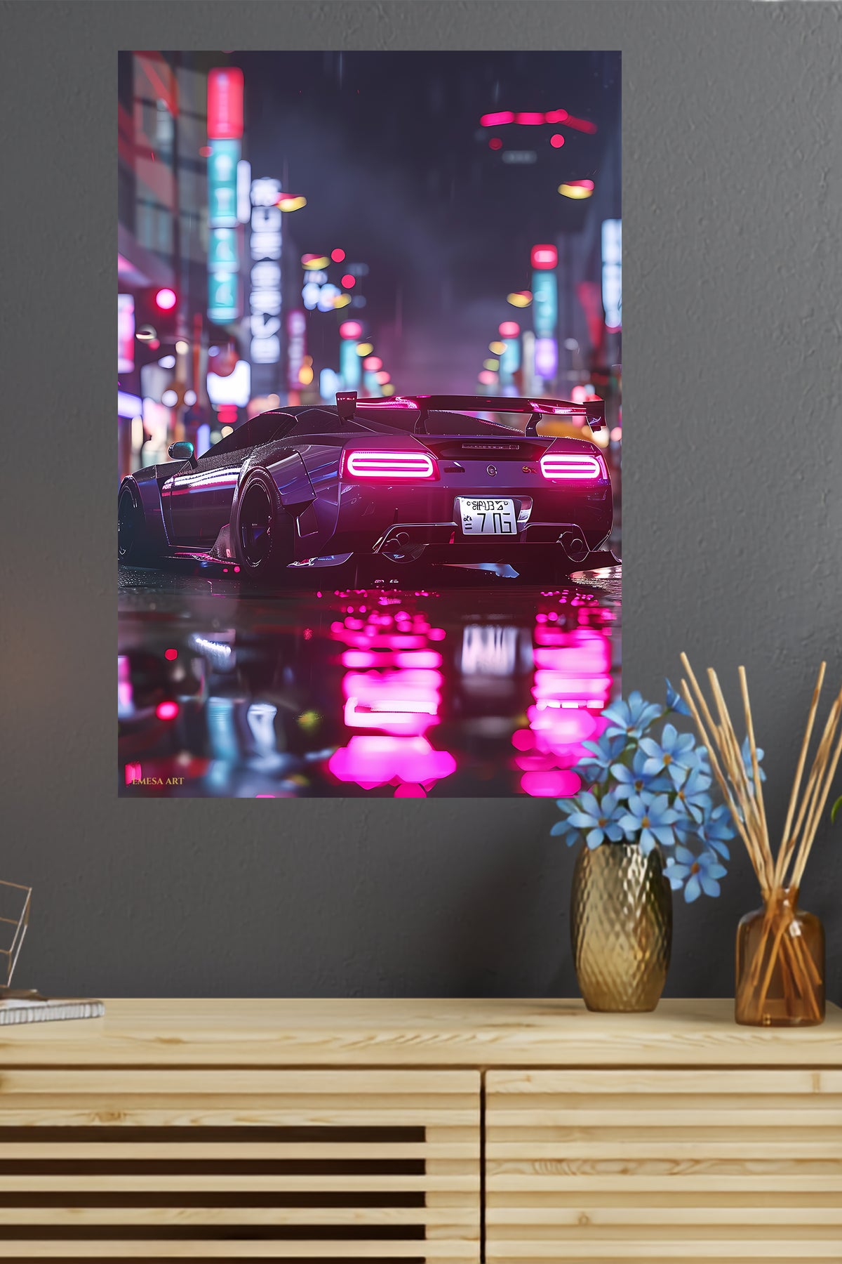 Neon Supercar After Rain metal wall art displayed in a modern interior