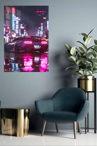 Neon Supercar After Rain metal wall art displayed in a contemporary living space