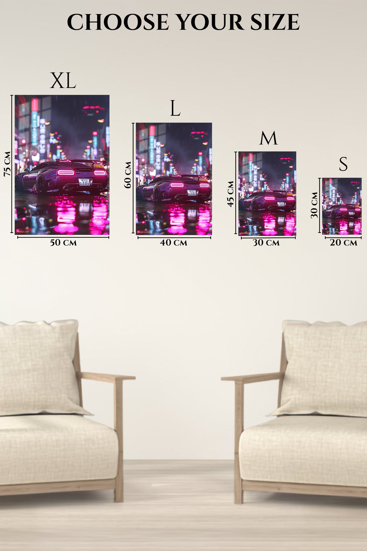 EMESA metal wall art size comparison guide for Neon Supercar After Rain