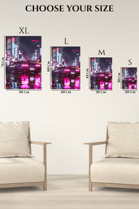 EMESA metal wall art size comparison guide for Neon Supercar After Rain