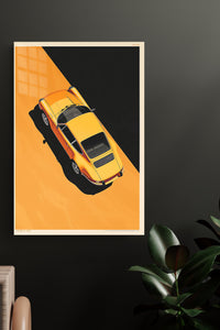 Golden Sports Car in Shadow metal wall art displayed in a modern interior