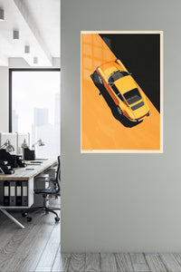 Golden Sports Car in Shadow metal wall art displayed in a contemporary living space