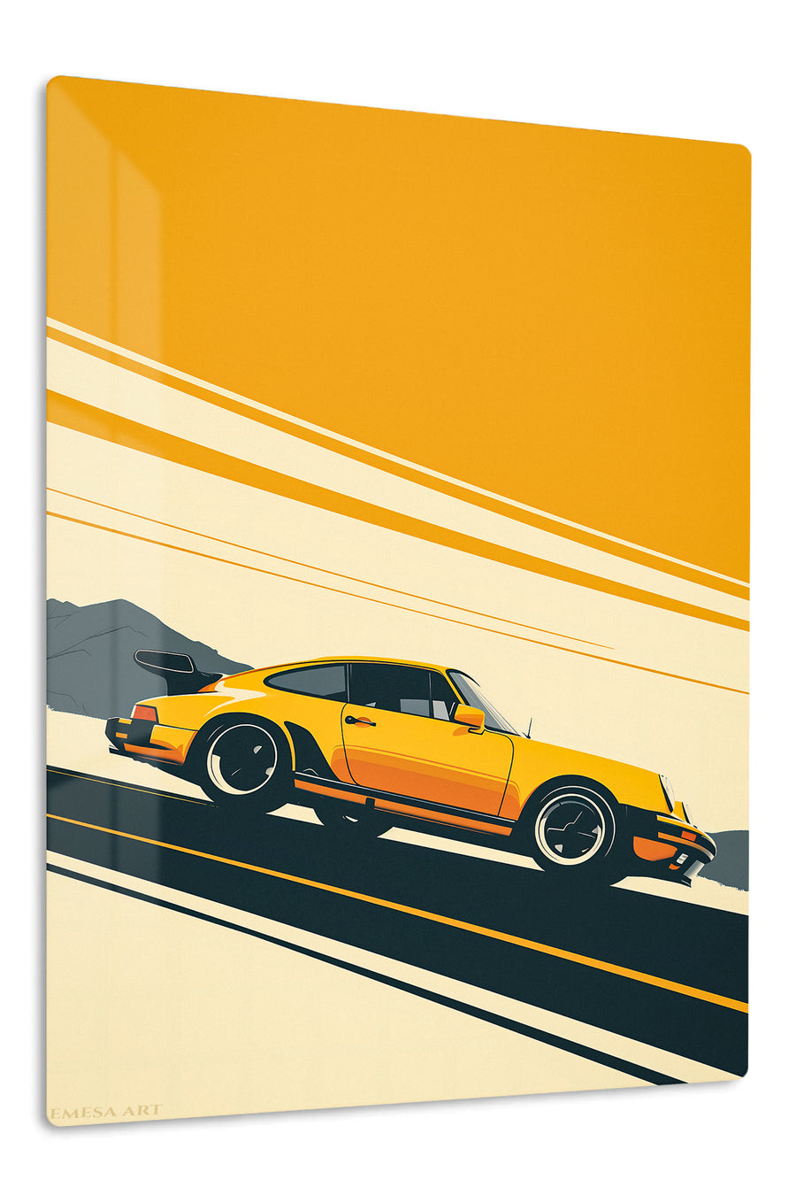 Golden Coupe on Mountain Road premium metal wall art Ã¢â‚¬â€œ front view
