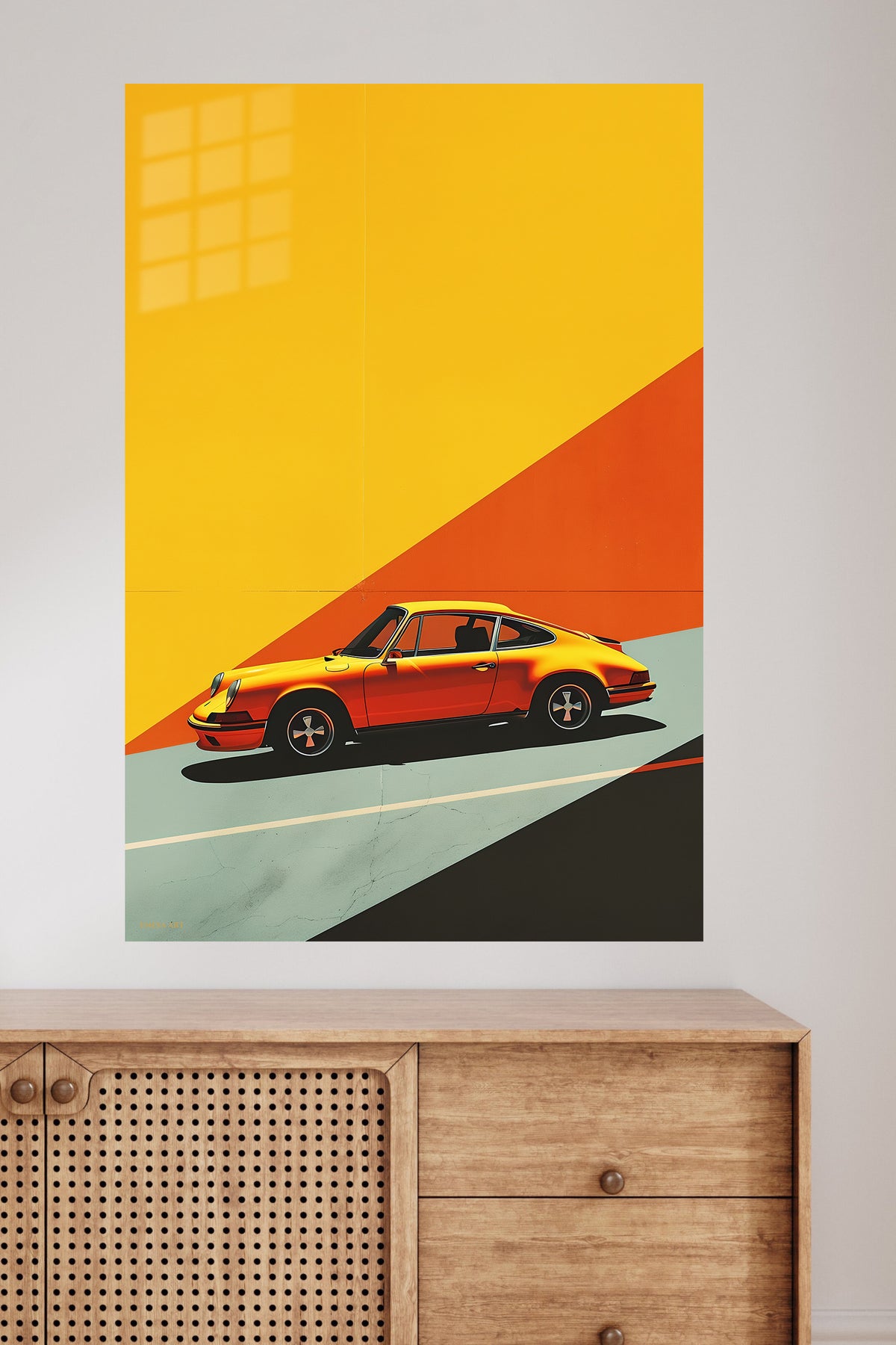 Sunset Classic Sports Coupe metal wall art displayed in a modern interior